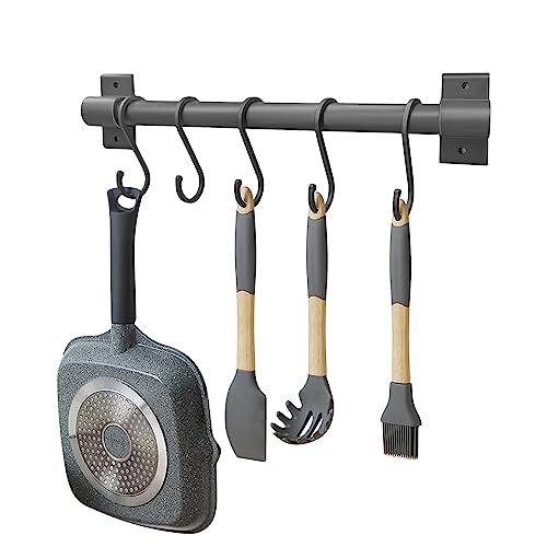 FuninCrea Barre à crochets de cuisine en aluminium de 30 cm avec 5 crochets mobiles, barre de fixation murale pour ustensiles de cuisine, organisateur multi-usages, pour cuillère, fourchette,