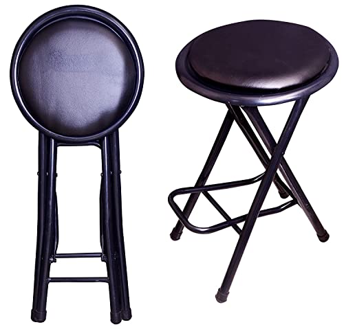 Image of IYB Home Folding Stool - Heavy Duty 21-Inch Seating Height Collapsible Padded Round Stool with Foot Rest for Kitchen, Office, Breakfast, Dorm, Rec Room or Gameroom, Black, PVC Cushioned Seat