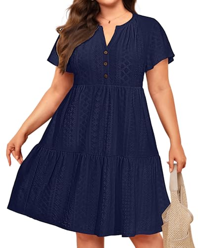 Image of Plus Size Summer Dress Casual Short Sleeve Button Midi Sun Dresses Women
