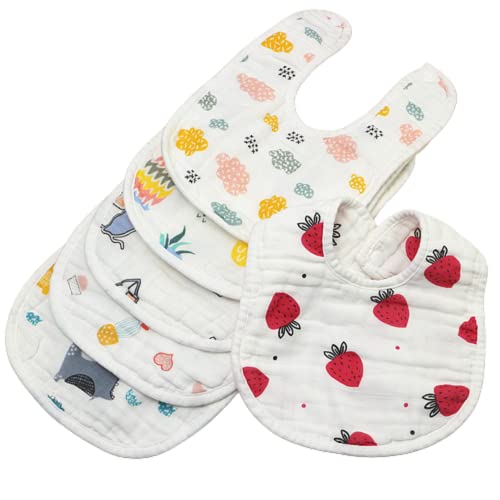 Image of BabyGo Muslin Baby Washcloths & Bibs Set | 100% Cotton, 8 Layer Cartoon Print, Soft, Gentle, Reusable & Absorbent Feeding Bibs & Towels for Newborns & Toddlers | Pack of 5 (Multicolor)