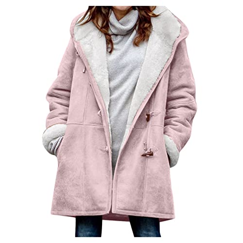 Abrigo De Ante Mujer Invierno con Capucha Color Liso - Ropa Mujer Invierno 2025 De Botones Running Transpirable Chic Abrigos Elegante Montaña Chaquetas con Bolsillo Rosa S