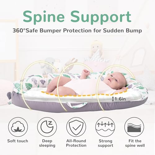 Image of Baby Lounger - Baby Lounger for Newborn 0-24 Months Infant Lounger for Home and Travel Soft Cotton Baby Nest Lounger Newborn Babies Essentials Gifts Green Feather (Lounger Cover Included)