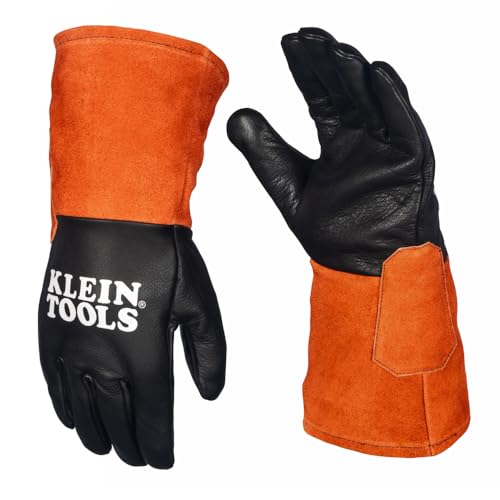 KLEIN TOOLS 60912 TIG Welding Gloves, Large, Full Grain Cowhide Leather Palm, Flame-Resistant Cotton Lined Cuff, Kevlar Aramid Stitching, Heat Resistant Wide Cuff Protection