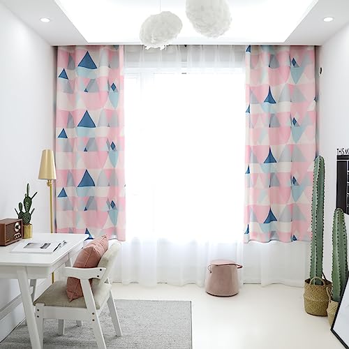Rideaux coton polyester rose 2 pièces motif triangle géométrique - 2