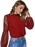 Sofia's Choice Damen Blusen Elegant Spitze Langarm Oberteil Durchsichtig Ärmel Top Rot M
