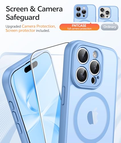 Image of FNTCASE for iPhone 15 Pro Max Case: [Compatible with Magsafe] Translucent Matte Cases with [Full Camera Protection] [Screen Protector] Military Grade Shockproof Protective Phone Cover - Light Blue