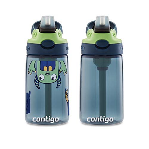 Image of Contigo Aubrey Kids Cleanable Water Bottle with Silicone Straw and Spill-Proof Lid Blueberry & Monsters 14 Ounce 2-Pack