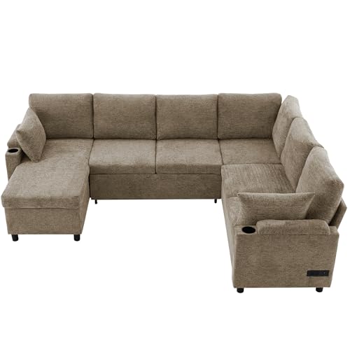 Image of ERYE 110-Inch U-Shaped Left Facing Sleeper Sectional Sofa Chenille Upholstered Corner Convertible Pull Out Sleeper Sofabed with Cupholders,Armrests Storage and USB Ports