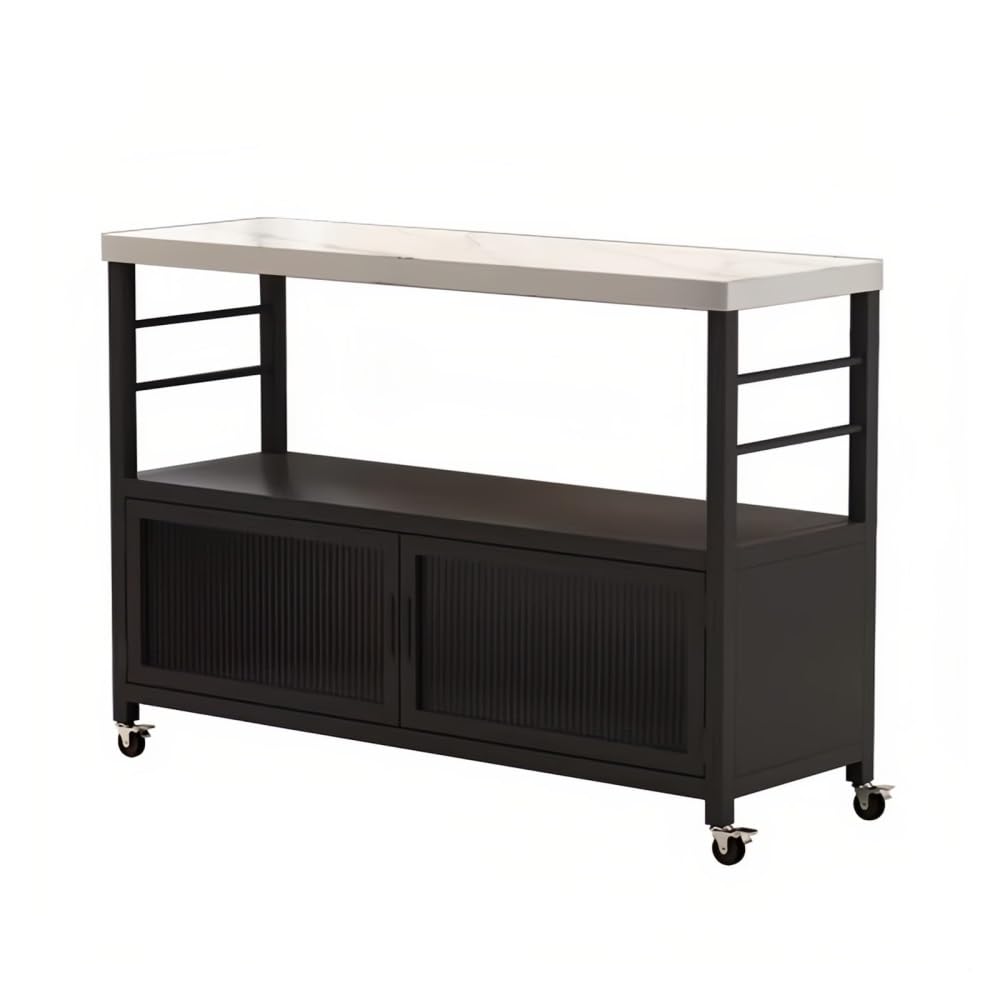 Carrello da cucina Piano in pietra sinterizzata Cucina isola scorrevole Ante in vetro scanalato Ruote con serratura(Black,L)