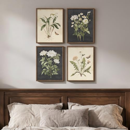 Framed Vintage Botanical Wall Art Bedroom, 4 Piece Rustic Farmhou...