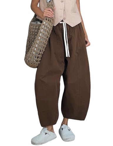 Wyeysyt Barrel Jeans Women Wide Leg Elastic Waistband Cotton Pants Baggy Palazzo Pants with Pockets