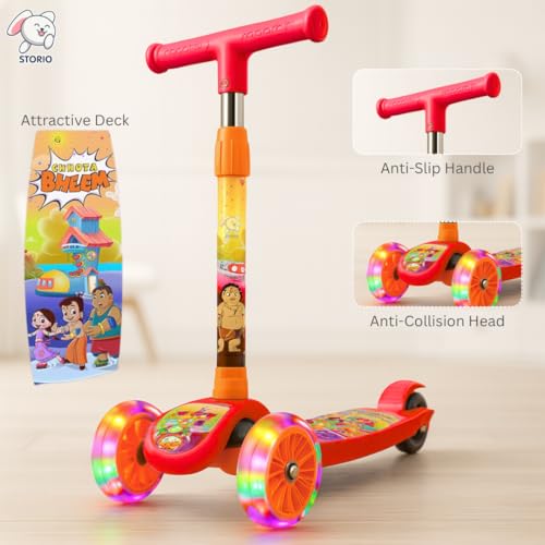 Image of Storio Chhota Bheem Foldable Kids Kick Scooter with LED Light Wheels & Adjustable Height | 3+ Years Boys & Girls | 50kg Capacity | Fun Outdoor Ride-On Toy - Red