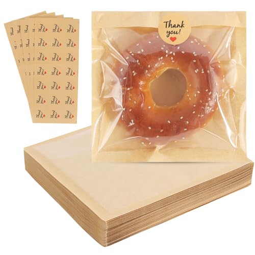 100pcs Cookie Bags with Seal 7.5x7.1 inch Heat Sealable Grease Resistant Baked Goods Packaging Cookie Bags for Gift Giving Cookies Packaging Supplies for Bagel Brownie Bakery Pastry Donut Cake Slices