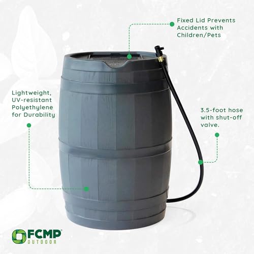 Image of FCMP Outdoor 45 Gallon Heavy Duty Rain Water Catcher Barrel Container with Hose and Debris Screen for Outdoor Plants, Garden, and Landscapes (RC45-GRY) Grey