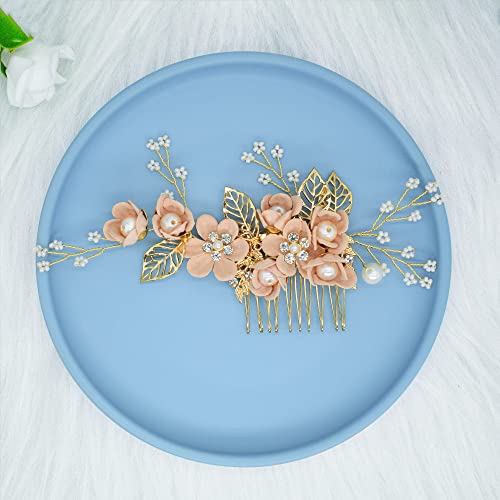 Wedding Hair Accessories, Fanvoes Hair Pieces Comb For Brides Bridal-Gold Vintage Headpiece Clip Barrette W/Handmade Pink Flower Leaf Ivory Pearl Beads Rhinestone Crystal For Women Girls Bridesmaid #TOP6