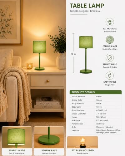 Image of THE GRANDEUR Table Lamp with Fabric Shade, 41 cm, Green, Metal Base | Decorative