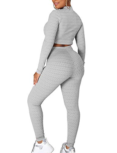 cailami Women's 2 Piece Tracksuit Workout Outfits Long Sleeve Crop Top High Waist Yoga Legging Pants Set, Medium, Grey