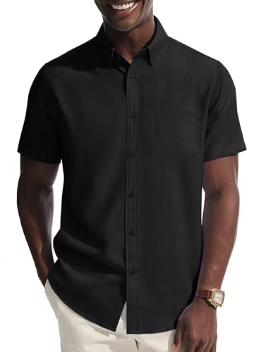 PJ PAUL JONES Mens Untucked Dress Shirts Solid Short Sleeve Formal Shirt Casual Business Button Down Shirt Black XXL