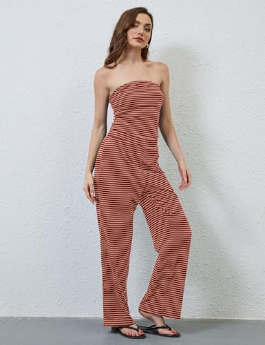 MISSACTIVER Women Two Piece Sets Striped Matching Outfits Strapless Crop Tube Top and Elastic Waist Wide Leg Pants Set2