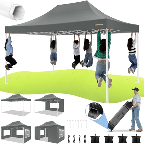 Image of HOTEEL 10x15 Heavy Duty Pop Up Canopy with Sidewalls, Party Tent with Roller Bag for Event Wedding, Upgraded Commercial Waterproof Instant Canopy, Thick Hexagonal Legs, UPF50+, Gray