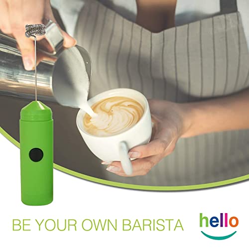 Image of HELLO Milk Frother - Double Whisk Head, Handheld Battery Operated Electric Foam Maker For Bulletproof Coffee, Lattes, Cappuccino, Hot Chocolate, Sleek Drink Mixer With Stand (GREEN)