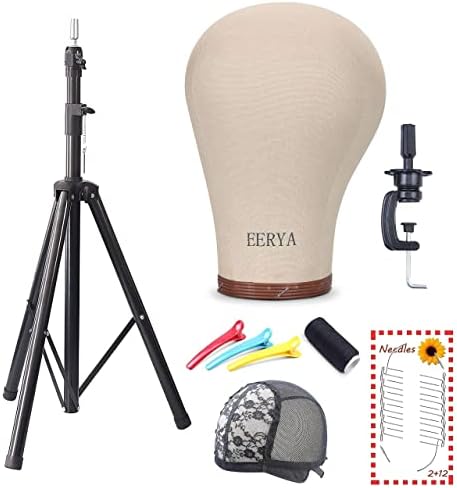 Eerya 22 Inch Cork Canvas Block Head with Mannequin Head Tripod Stand Set Wigs Display Doll Head for Wig Making Drying Styling Included Clips T-pins Curved Needles Thread Wig Cap