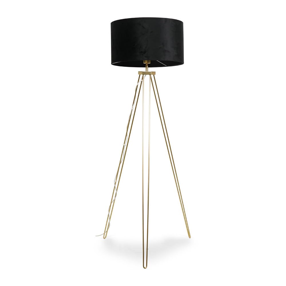 Valuelights Black | Modern Gold Hairpin Design Tripod Floor Lamp With A Velvet Drum Shade | Floor Lamps, Home Décor & Improvement Essential | Included Led Bulb