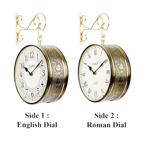Image of CRAFTEL Double Sided Station Wall Clock Electroplated Shiny Gold | English Roman Numerals | Aluminum Dial | Gift for Home Hall Living Room | Dial 12 Inch - Shiny Gold - 365 Days Warranty |