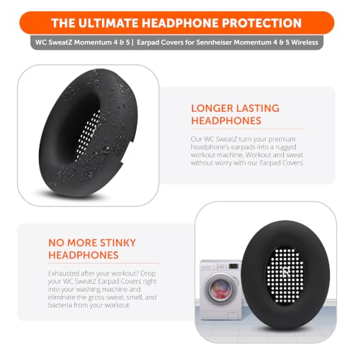 Image of WC SweatZ Momentum 4 & 5 - Patented Earpad Covers for Sennheiser Momentum 4 & 5 Wireless Over Ear Headphones by Wicked Cushions | Sweatproof & Easily Washable | Black