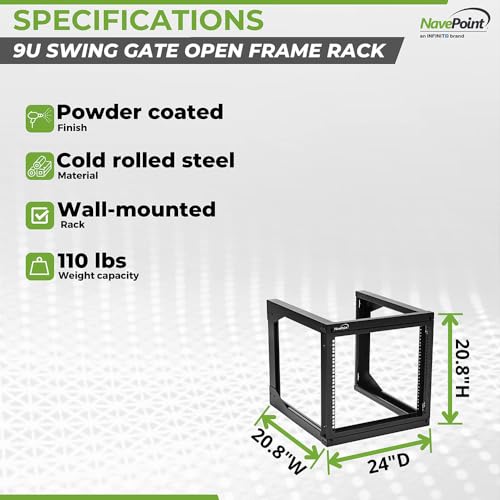 Image of NavePoint 9U Server Rack with Swing Gate - Wall Mount Rack for 19 Inch IT & AV Equipment - 24' Deep, Black