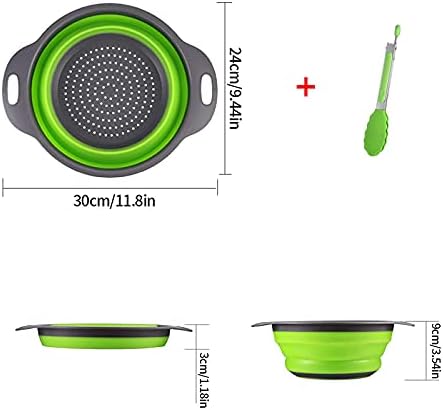 Collapsible Silicone Colander Set of 1 Large Food Strainer Dishwasher Safe with Plastic Handle/ Free Tongs, 2/3 Quart Folding Kitchen Round Strainers Colanders Over The Sink for Pasta Vegetable Fruit
