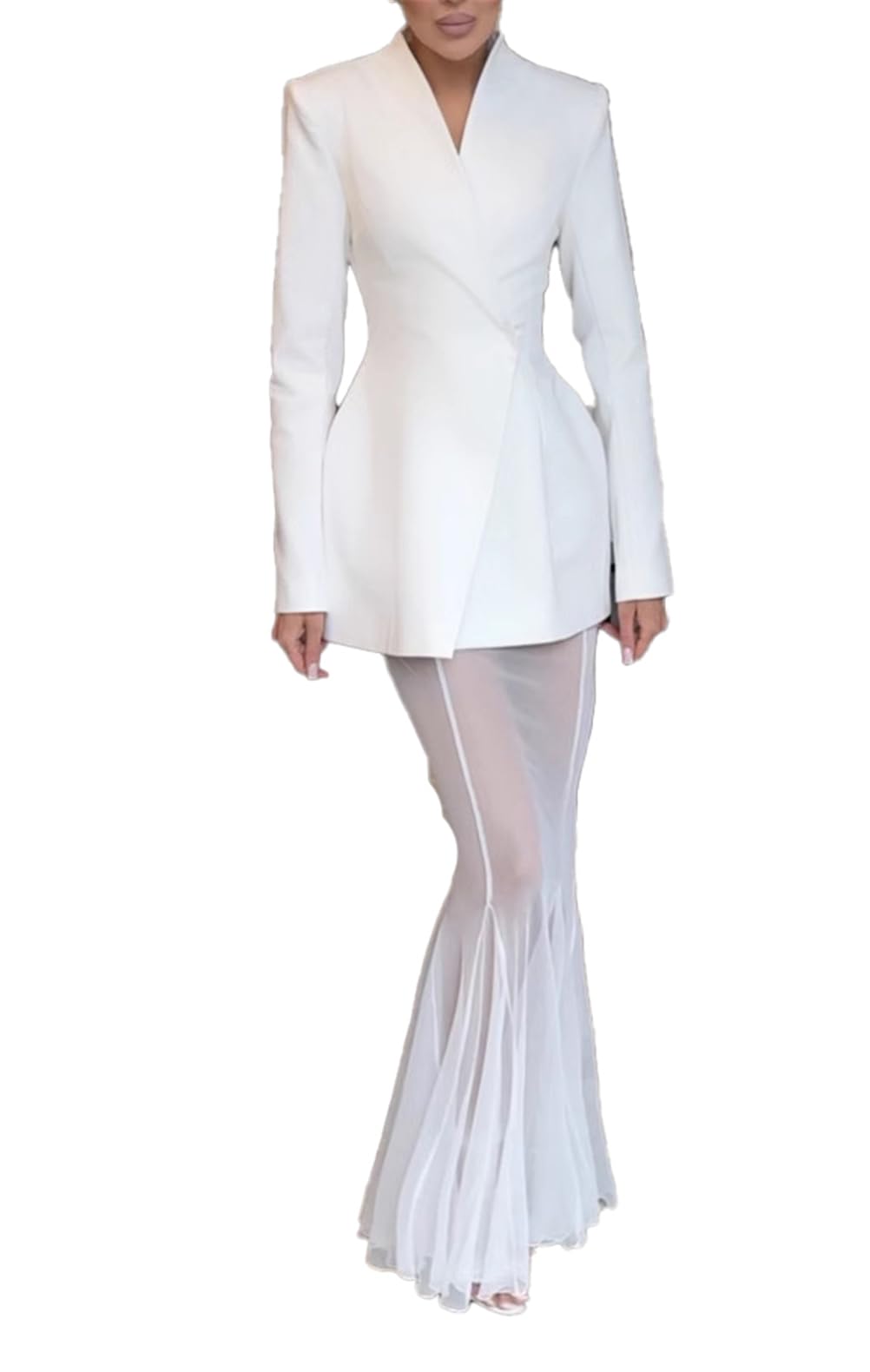 Womens Sexy 2 Pieces Solid Color Blazer Top Stretch Mesh See Through Dress Business Dress Set