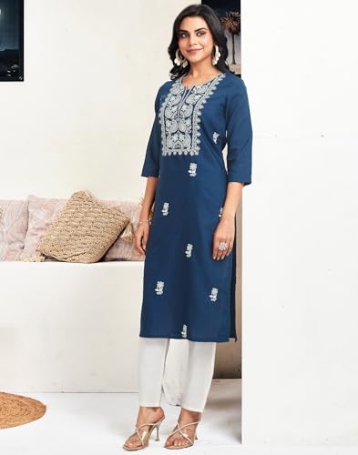 Image of SIRIL Women's Cotton Blend Relaxed Fit Chikankari Kurta | Lucknowi Kurta | Embroidery Kurti