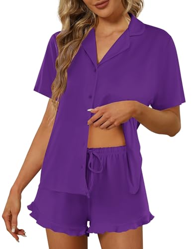 Image of Ekouaer Pajamas Set for Women Short Sleeve Sleepwear Button Down Pjs Lounge Sets Soft Nightwear