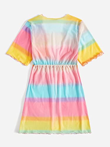 Verdusa Girl's Short Sleeve Colorblock Drawstring Kimono Cover Up Cardigan2