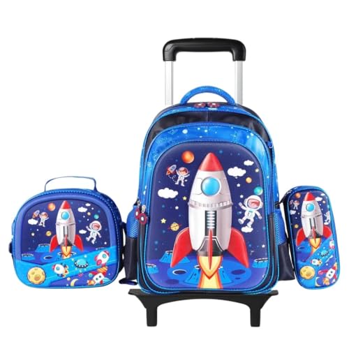 Mochila escolar de rodinhas com LED, kit 3 peças com mochila. lancheira forrada e estojo, para meninos e meninas de 6 a 12 anos (Foguete)