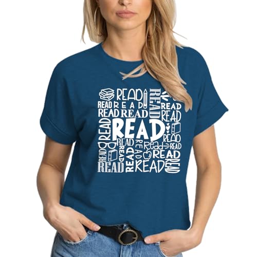 Image of Reading Teacher Shirt Women-Cute Read More Books Short Sleeve Library Book Lovers Daisy Tee Tops