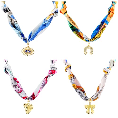 Scarf Necklace with Charm 4pack Silk Styling Scarf Charm Necklace for Women Bandana Necklace with Charms Adjustable Tie Statement Choker Jewelry for Birthday Mothers Day Christmas Teacher Lady2
