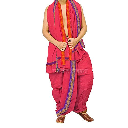 Vedic Vaani Men's Green Fabric Pure 100% Cotton Dhoti + Angavastram Set with Multi Color Border (9 x 5 Meters)