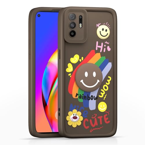 Image of Pikkme Back Cover for Oppo F19 Pro Plus 5G | Soft Silicone| Cute Rainbow Smile & 3D Cartoon Flower Design | Shockproof Raised Camera Protection Bumper Case (Brown)