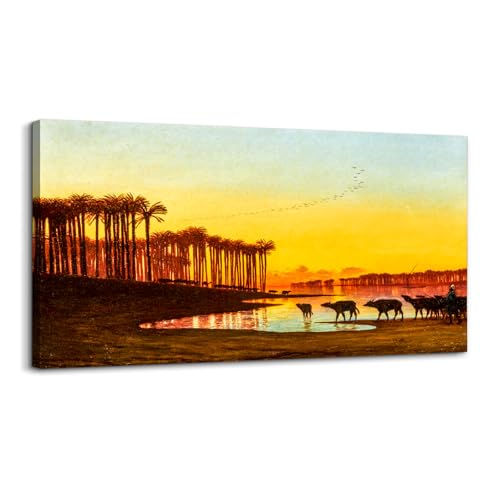crmotu Landscape Wall Art, Sunrise Wall Art, Large Wall Decor, Dawn on the Nile Vintage Wall Decor, River Buffalo Cattle Canvas Pictures for Living Room Kitchen Hallway Rustic Farmhouse 20"X40"