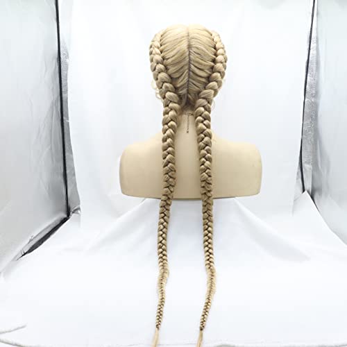 xiweiya 32” Double Braids Mixed Blonde Lace Front Braids Extra Long 100% Hand Braided Swiss Twins Blonde Braided Wigs with Baby Hair Lightweight Synthetic Twist Braids Wig - Image 3