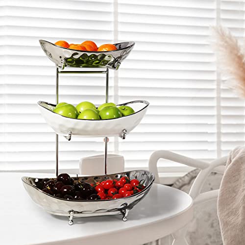 Acliys Fruit Bowl, 3 Tier Ceramic Fruit Basket, 3 Tier Serving Stand Serving Bowl With Metal Rack, Porcelain Kitchen Bowls For Fruit Vegetable Storage Snack Nuts Dessert Cake Tray For Party Wedding #TOP1