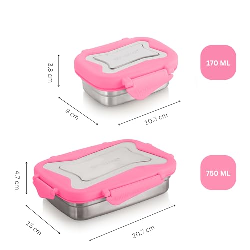 Image of STEELLOCK Smart Stainless Steel Tiffin Lunch Box for Kids and Adults 2pc Set | Airtight & Leakproof | Rectangle Combo for School & Office with Steel Lid | (1pc - 750ml & 1pc - 170ml) Pink
