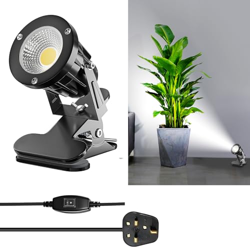 HomiShine LED Clip on Spot Light with On/Off Switch, IP65 Waterproof Plug in Spot Lights Plant Uplighters for Indoor Outdoor, 7W Clamp Lamp Garden Spotlight Mains Powered, 2M Cord, Cool White