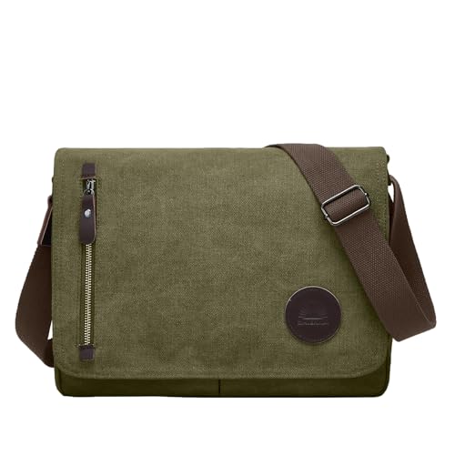 ZHIERNA Canvas Satchel Messenger Bag for Men Women, Vintage Shoulder Crossbody 13.3" Laptop Bag for Work Travel, Army Green, 291.27 cubic inches, Classic