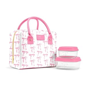 Fit & Fresh Bloomington Lunch Bag for Women – Insulated Large Lunch Box for Work with Containers, Leak-Resistant, Stain-Resistant, Zipper Closure, Pink Bows