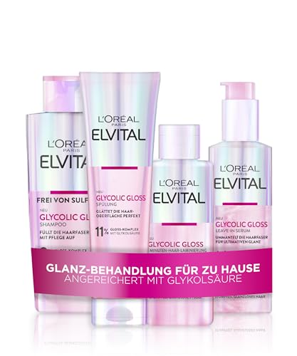 L'Oréal Paris Elvital Glycolic Gloss Bundle mit Shampoo, Spülung, 5 Minuten Haar-Laminierung und Serum für Glanzloses Haar, Pflegeroutine für Gesunde Haare und Starken Glanz, mit Glykolsäure, 4-teilig