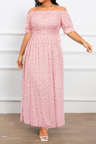 Image of Holipick Women's Off The Shoulder Boho Dress Plus Size Floral Smocked Waist Split Summer Maxi Sundress with Pockets