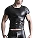 Mens Night Club Leather Tunic See Through Short Sleeve Pullover Shirt Gymness Muscle Top Fashion Metallic PU Leather Tshirt Cosplay Party Costume Top